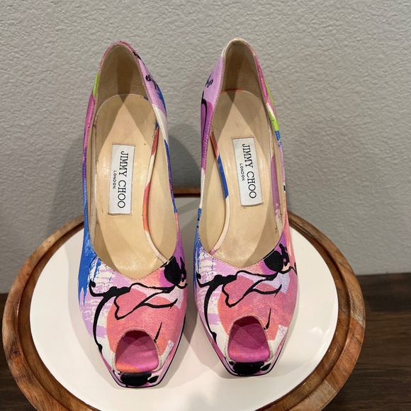 JIMMY CHOO Pink Olesia Floral Print Platform Peep Toe Pump Heels Size 37 - Picture 1 of 4